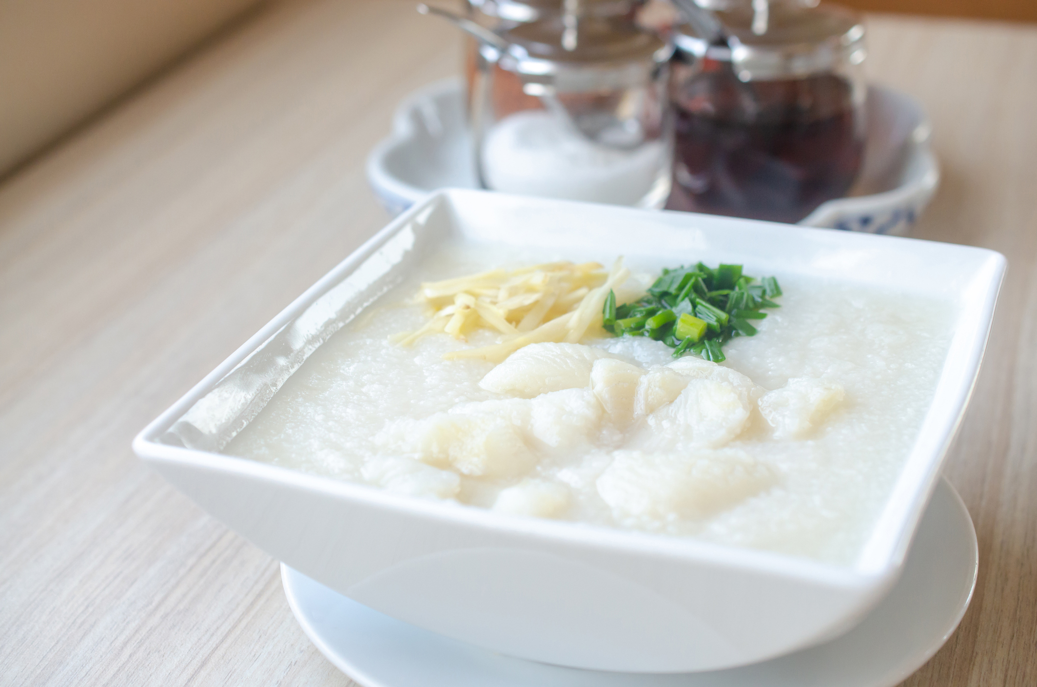 Rice Porridge with fish. Fish Congee. Asia Food